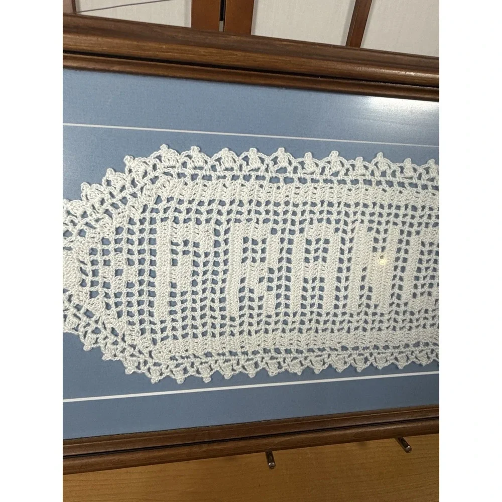 Framed Vintage Filet Crocheted Doily Spelling The Name FRANCIS 22x10